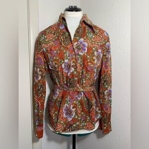 Sakowitz vintage 60’s 70’s floral long sleeve belted button shirt size 12